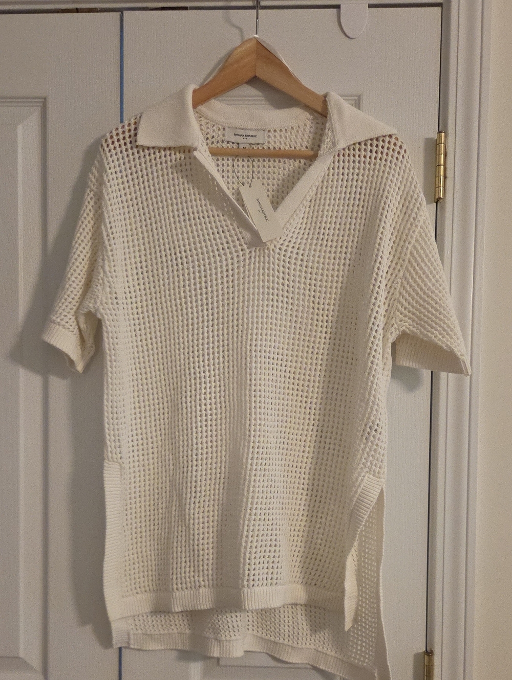 Banana Republic Cream Open-Knit Short Sleeve Polo Tunic